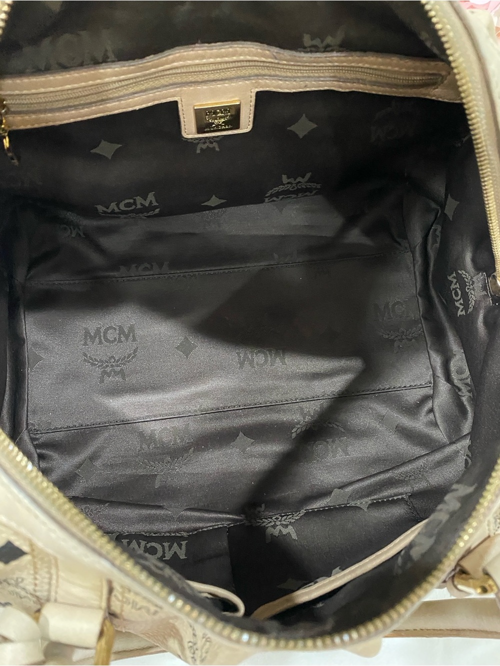 MCM Beige Visetos Logo Satchel with Gold Hardware - Picture 10 of 14